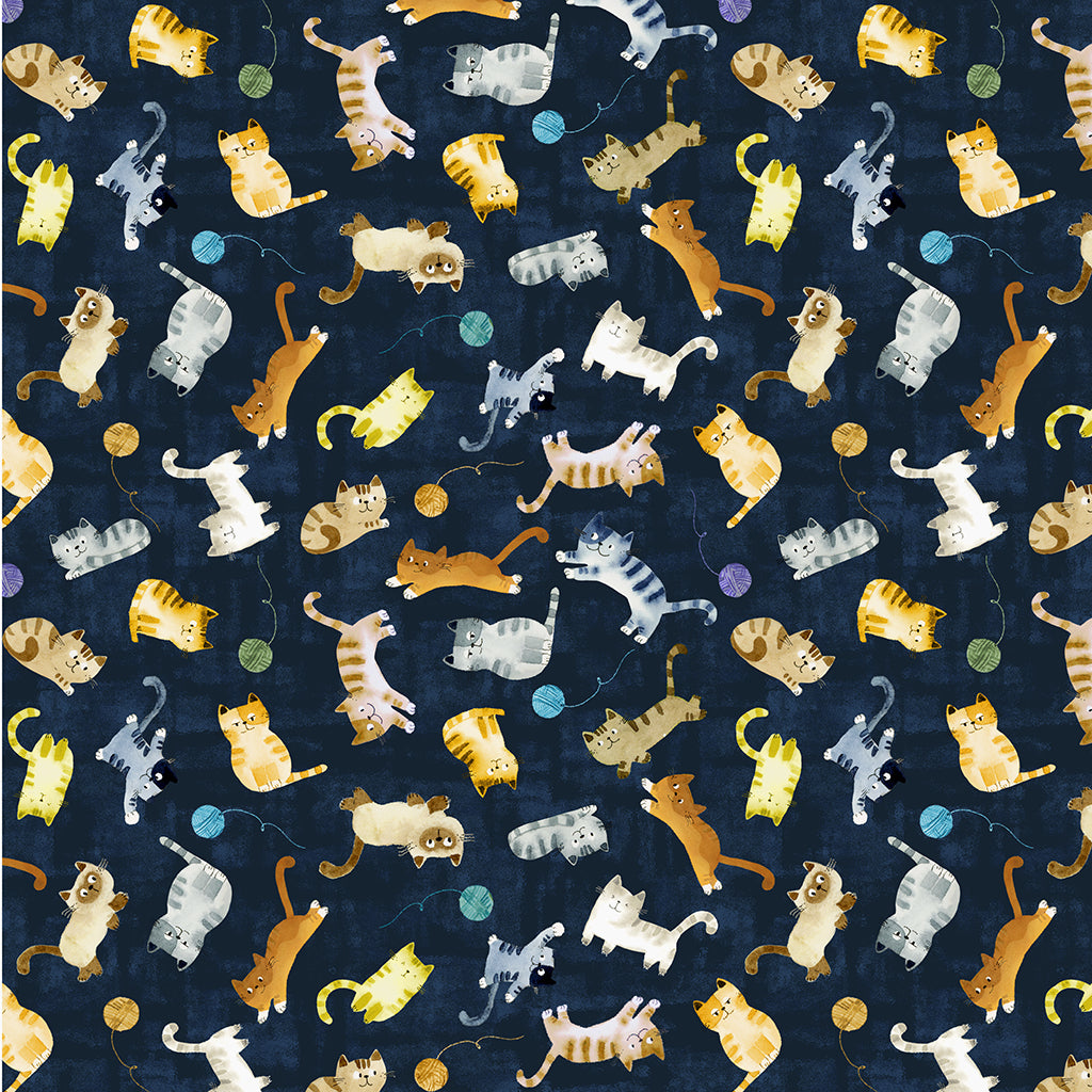 Windham 55001-4 Navy Cat Fabric – Quilting Cotton with Cute Cat Print for Sewing & Crafts (Windham Cats Around Town 1)