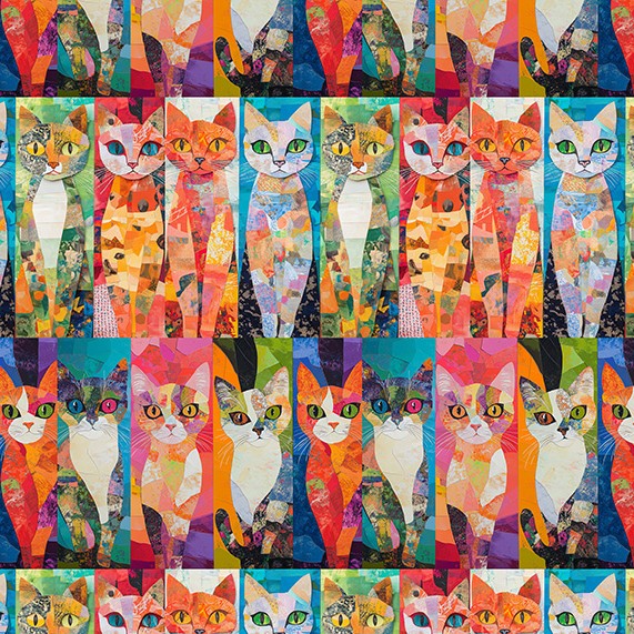 Hoffman X5714-763 Radiant Crafty Cats 100% Cotton Fabric – Colourful Cat Print Quilting Cotton for Sewing & Crafts (Hoff Crafty Cats 1)