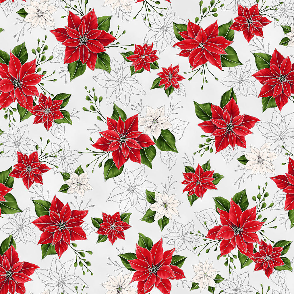 Hoffman X7788 176S ICESILVER Blooming Holidays Poinsettia Festive Christmas Silver Metallic 100% Quilting Cotton for Sewing & Crafts (Hoff Blooming Holidays 2)