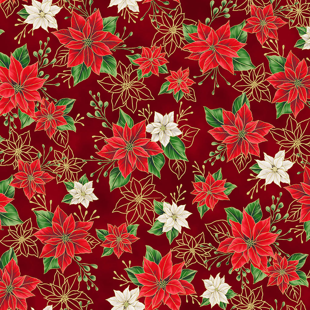 Hoffman X7788 78G SCARLETGOLD Blooming Holidays Poinsettia Dark Red Festive Christmas Gold Metallic 100% Quilting Cotton for Sewing & Crafts (Hoff Blooming Holidays 1)