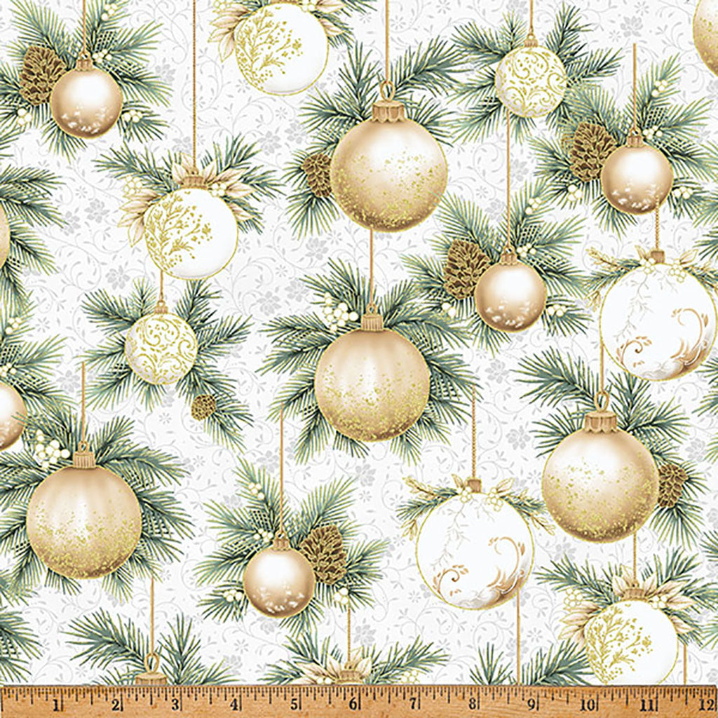 Hoffman Y7804 674G LIGHT GRAYGOLD Ornament Grove Bauble Festive Christmas Light Grey Silver Metallic 100% Quilting Cotton for Sewing & Crafts (Hoff Ornament Grove 1)
