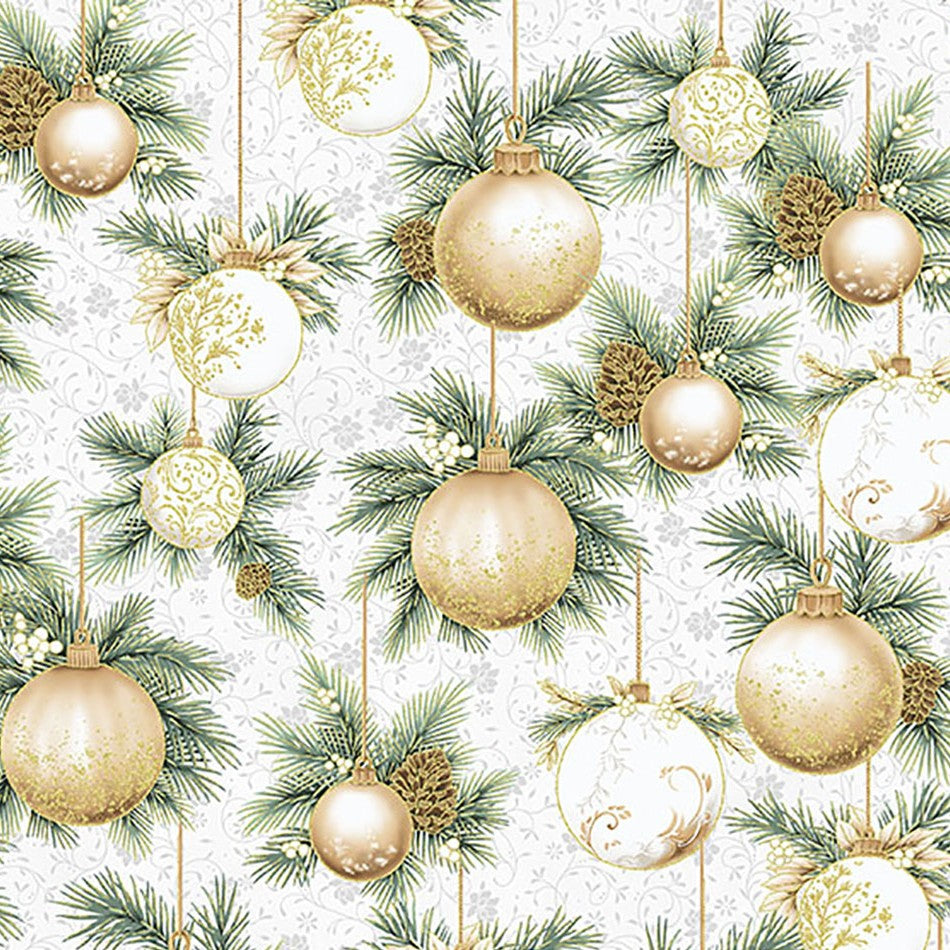 Hoffman Y7804 674G LIGHT GRAYGOLD Ornament Grove Bauble Festive Christmas Light Grey Silver Metallic 100% Quilting Cotton for Sewing & Crafts (Hoff Ornament Grove 1)