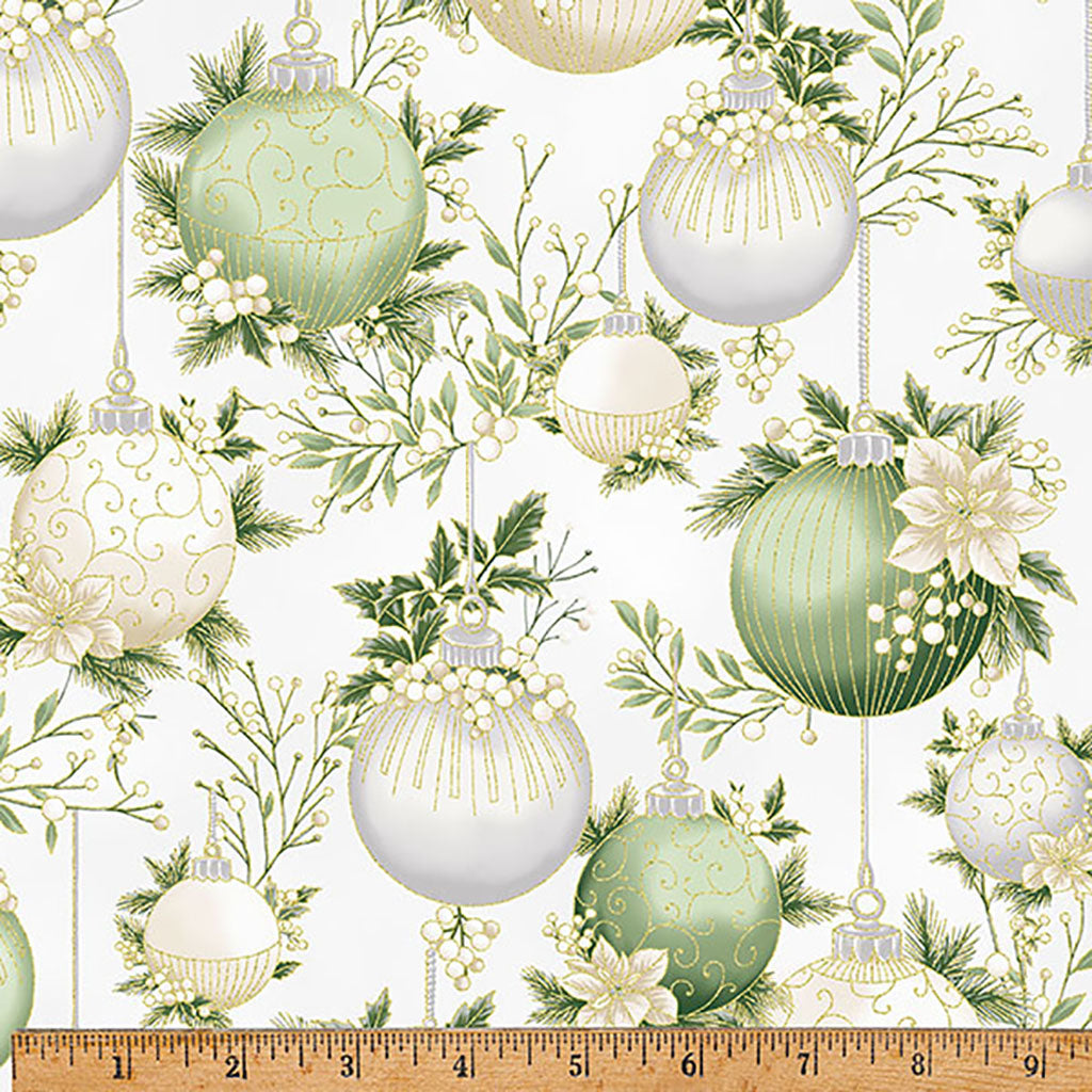 Hoffman Y7822 134G PARCHMENTGOLD Holiday Wish Cream Baubles Berries & Poinsettia Festive Christmas Silver Metallic 100% Quilting Cotton for Sewing & Crafts (Hoff Christmas Wish 1)