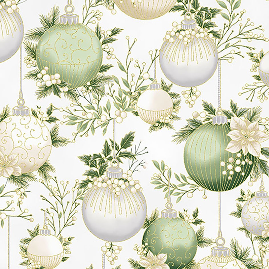 Hoffman Y7822 134G PARCHMENTGOLD Holiday Wish Cream Baubles Berries & Poinsettia Festive Christmas Silver Metallic 100% Quilting Cotton for Sewing & Crafts (Hoff Christmas Wish 1)