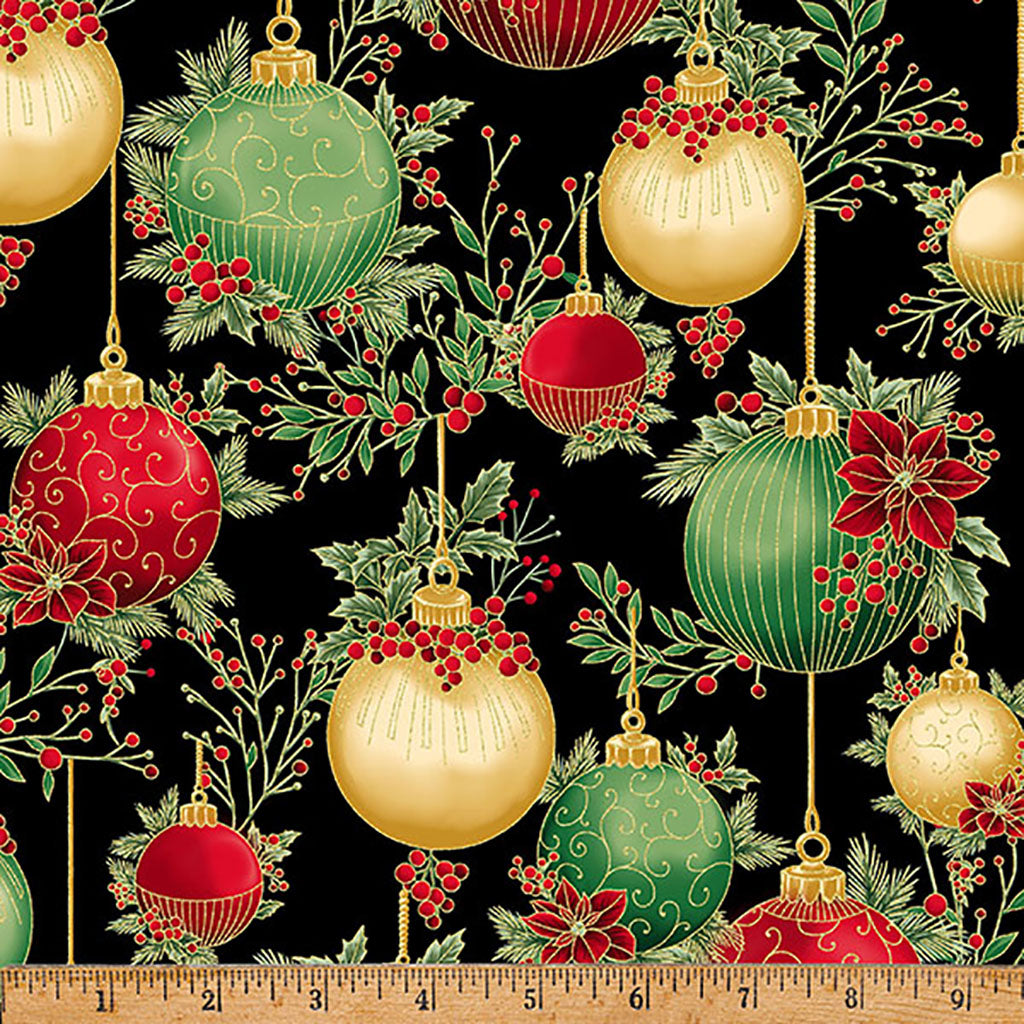 Hoffman Y7822 4G BLACKGOLD Holiday Wish Black Baubles Berries & Poinsettia Festive Christmas Gold Metallic 100% Quilting Cotton for Sewing & Crafts (Hoff Christmas Wish 2)