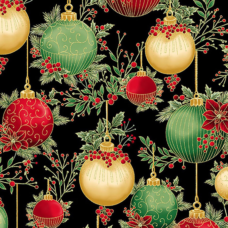 Hoffman Y7822 4G BLACKGOLD Holiday Wish Black Baubles Berries & Poinsettia Festive Christmas Gold Metallic 100% Quilting Cotton for Sewing & Crafts (Hoff Christmas Wish 2)