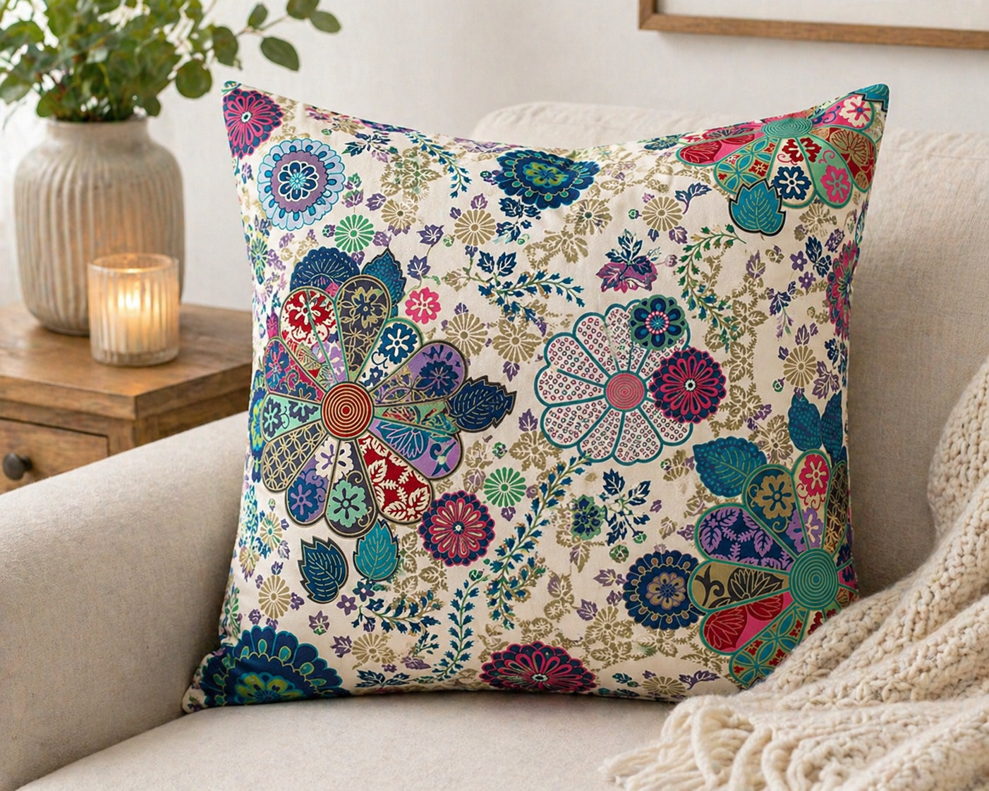A square throw pillow with a vibrant, multicolored floral and paisley pattern on a cream background, styled on a beige sofa next to a lit candle and a potted plant.