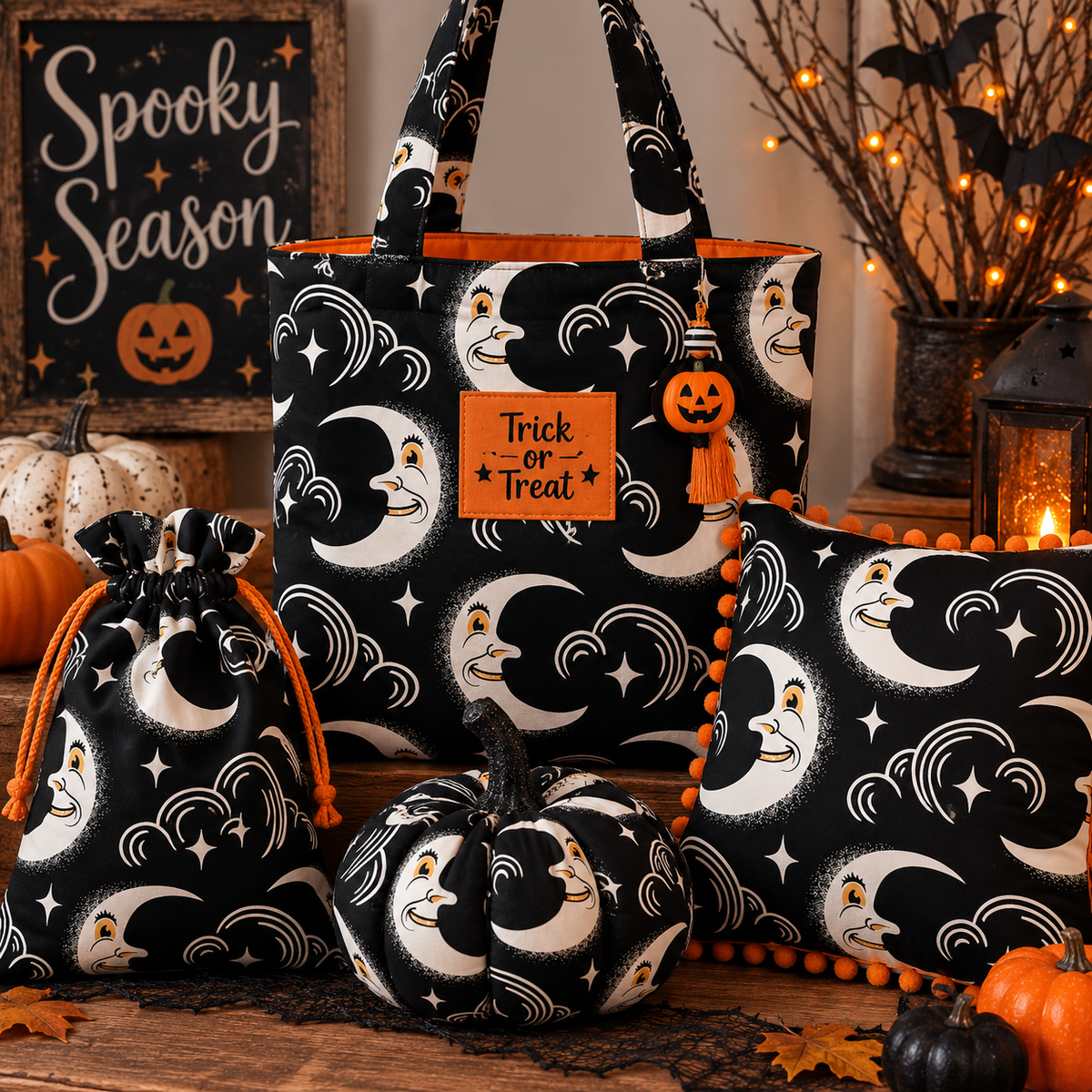 P & B Textiles MMAS 6262 K Midnight Masquerade Moon Face Halloween Black Quilting 100% Cotton Fabric for Sewing & Crafts (PB Midnight Masquerade 1)