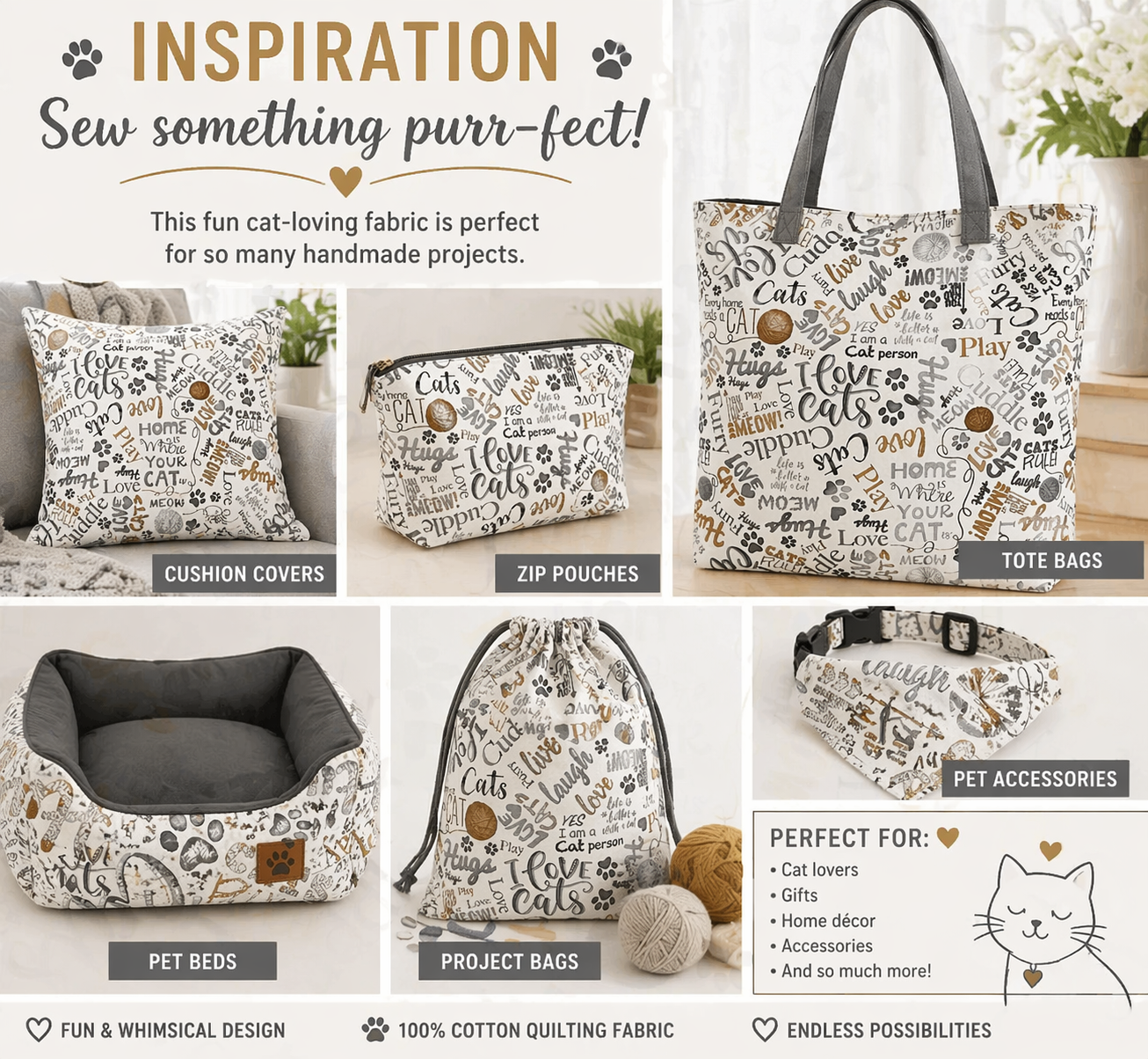 Timeless Treasures CAT-CD2063 Natural Yarn & Text Cat 100% Cotton Fabric – Novelty Cat Quilting & Craft Fabric (TT Meow You Doing? 4)