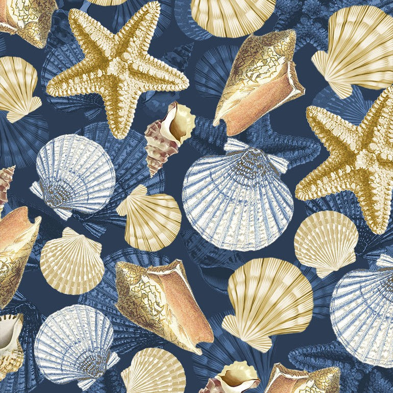 Timeless Treasures Seashore Starfish & Shells Coastal Beach Blue Fabric (TT Coastal Beach)