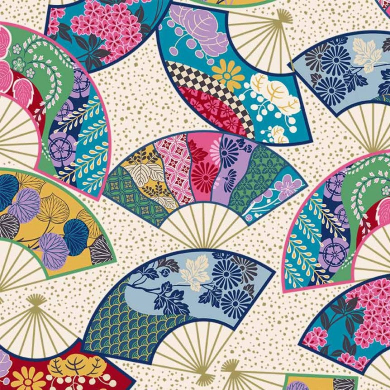 Michael Miller CM12662-CREM-D Whispering Fans Cream 100% Metallic Cotton Fabric for Sewing & Crafts (MM Kamakura Sisters 4)