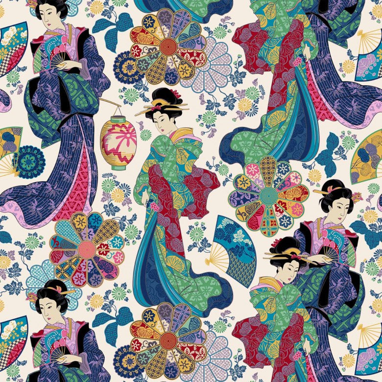 Michael Miller DCX12668-CREM-D Geisha Floating Worlds Cream 100% Metallic Cotton Fabric for Sewing & Crafts (MM Kamakura Sisters 5)