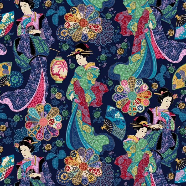 Michael Miller DCX12668-NAVY-D Geisha Floating Worlds Navy 100% Metallic Cotton Fabric for Sewing & Crafts (MM Kamakura Sisters 6)