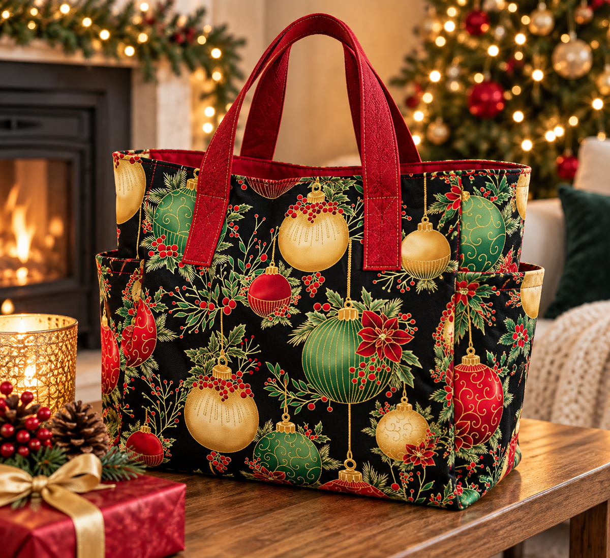 Hoffman Y7822 4G BLACKGOLD Holiday Wish Black Baubles Berries & Poinsettia Festive Christmas Gold Metallic 100% Quilting Cotton for Sewing & Crafts (Hoff Christmas Wish 2)