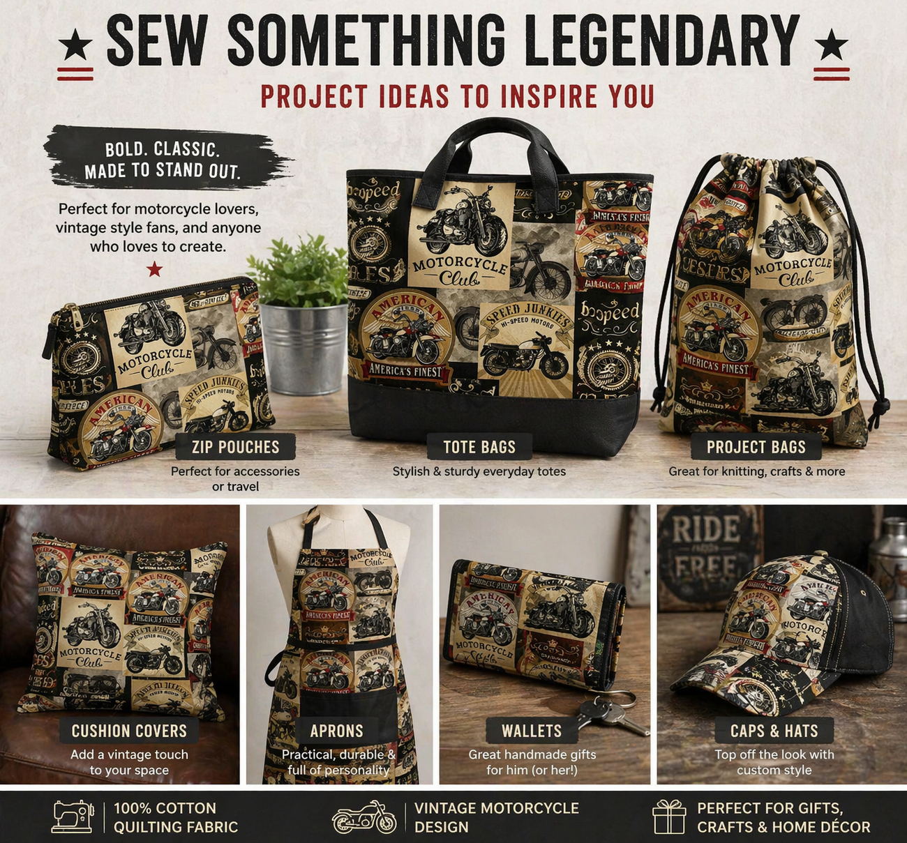 Timeless Treasures FUN-CD8049 Multi Motorcycle Fabric 100% Cotton Fabric – Biker Print Quilting Cotton for Sewing & Crafts (TT Open Road 1)