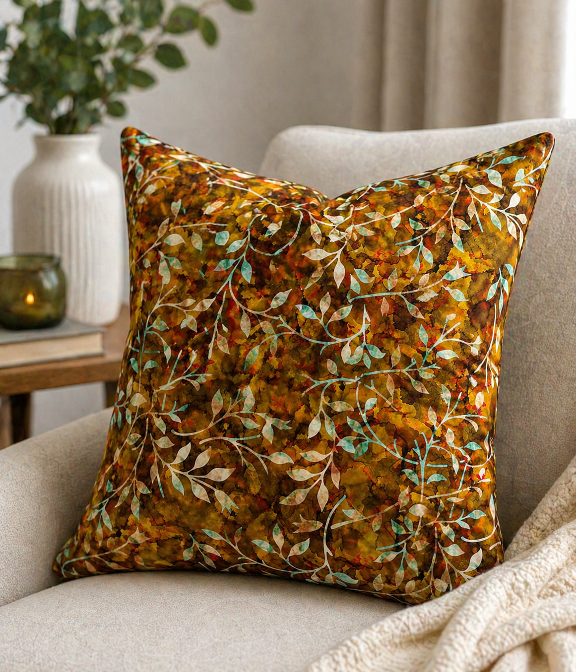 Crafty By Chatham Glyn CC308 BATIK TRAIL 08 100% Cotton Digital Extra Wide Fabric – Autumn Leaf Vine Batik Craft Fabric in Warm Earth Tones (CC Batik Trail 8)