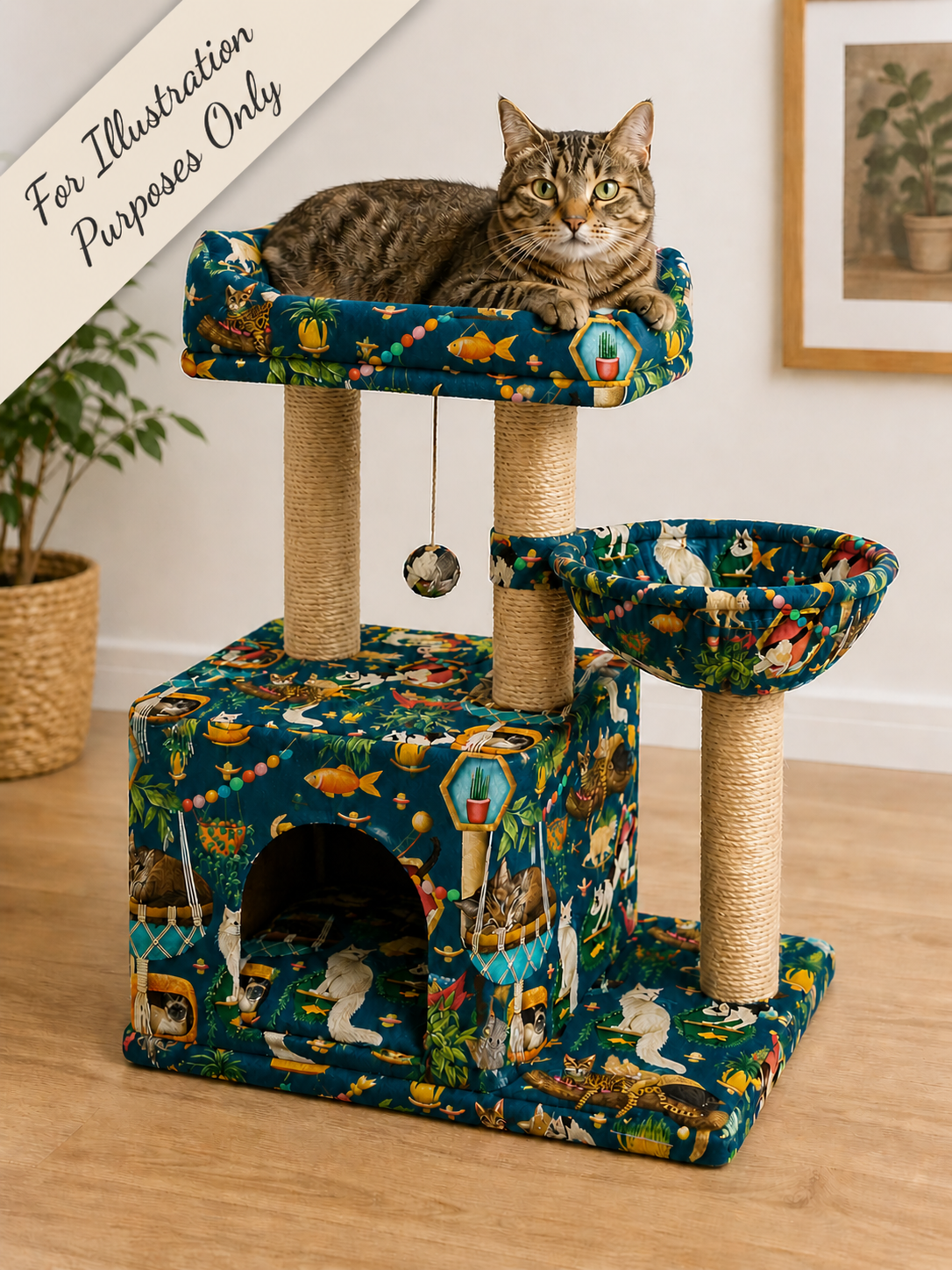 Timeless Treasures ROSIE CD4127 NAVY 100% Cotton Cat Fabric – Cat Trees & Perches Novelty Cotton | Quilting & Craft Fabric (TT Feline Fanatic 1)