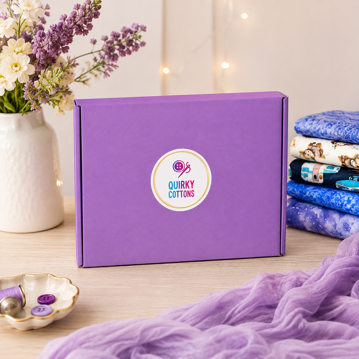 A purple cardboard box with a circular 'Quirky Cottons' logo sits on a tabletop, surrounded by folded patterned fabrics, a white vase with flowers, and a draped purple textile in the foreground.