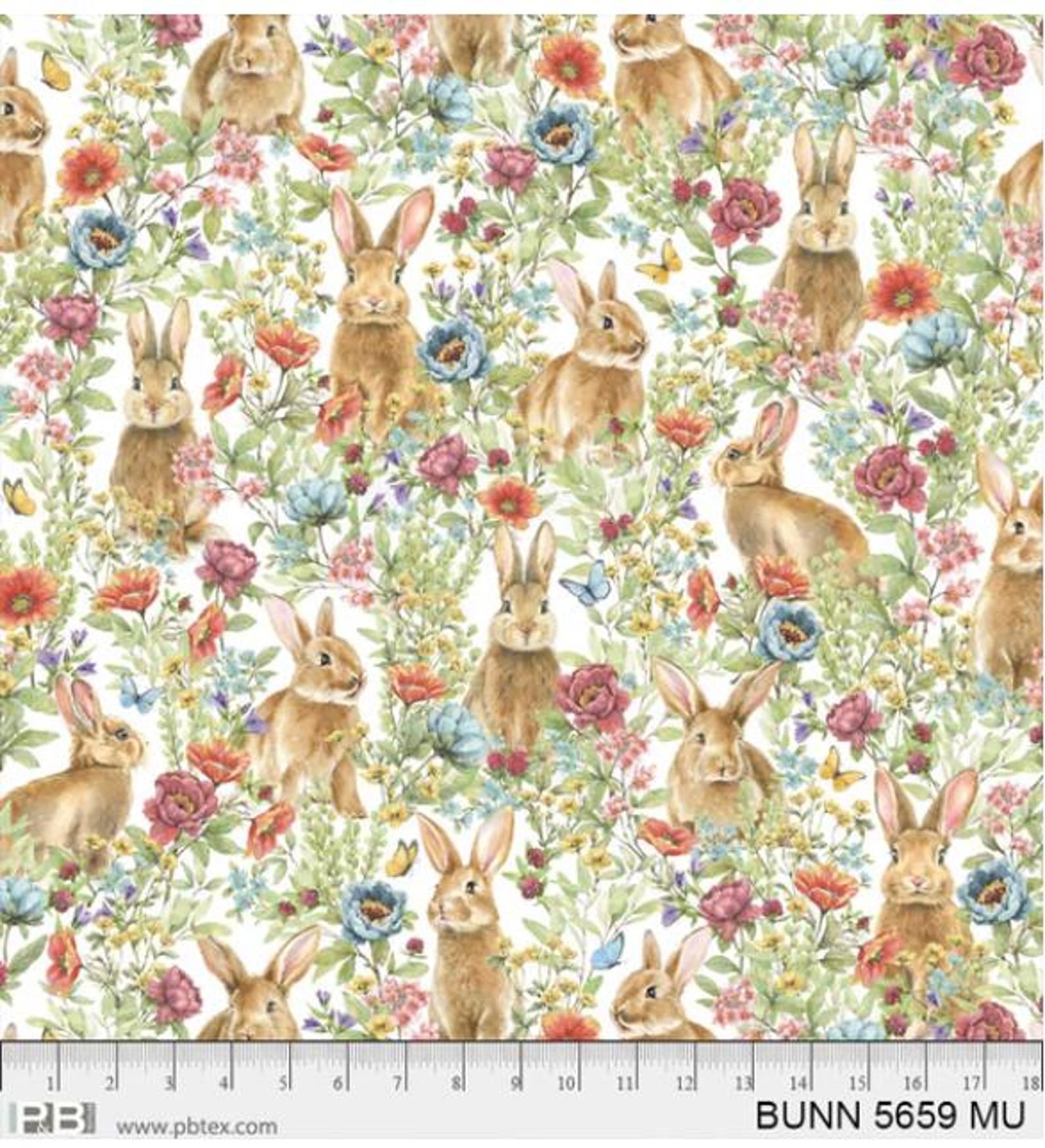 P & B Textiles BUNN 05659 MU Bunny Floral 100% Cotton Fabric – Cute Rabbit Print Quilting Cotton for Sewing & Crafts (PB Bunnies In Bloom 1)