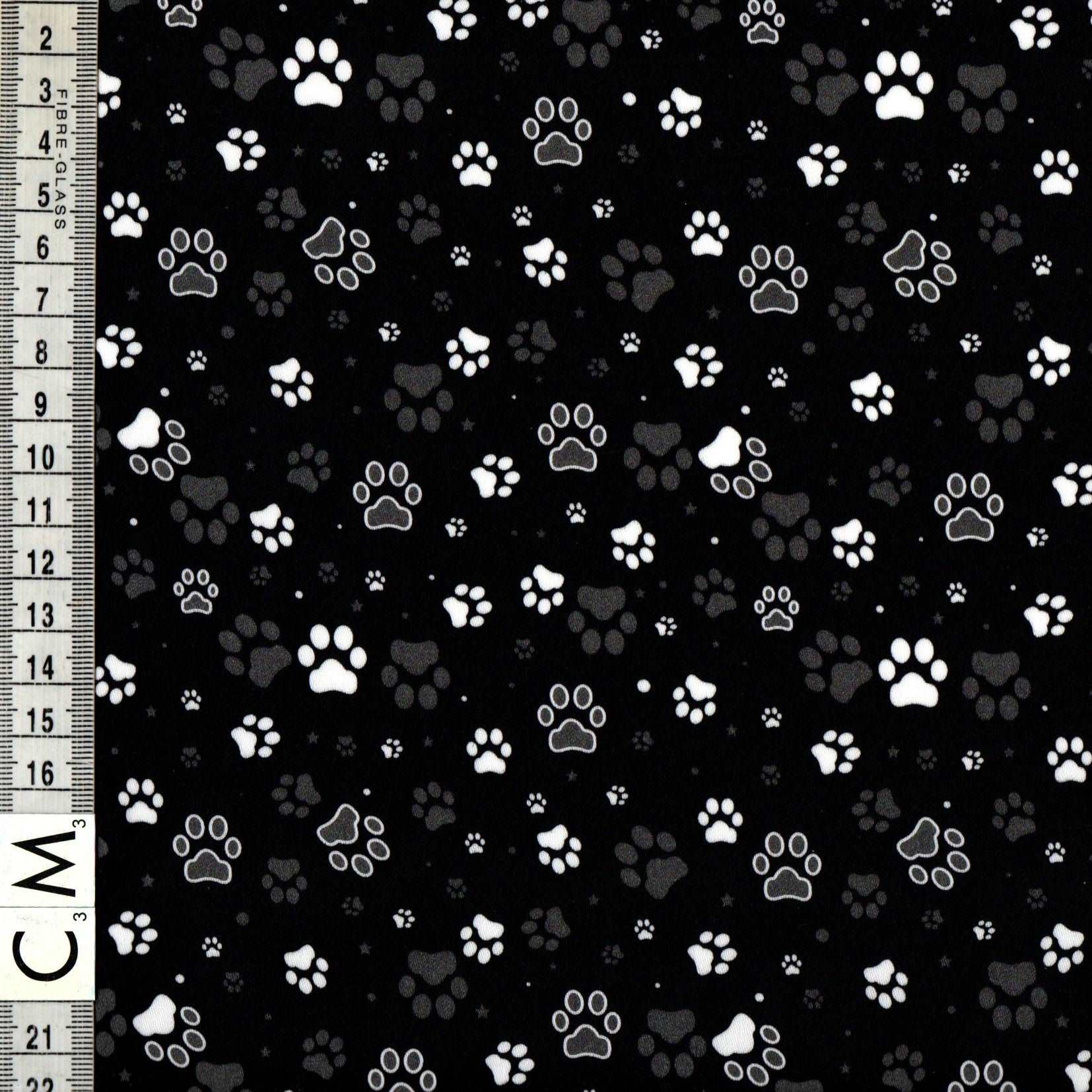 Quirky Cottons Paw Prints Dog Animal Black Remnant (49cm x 156cm QC Classic Paws)