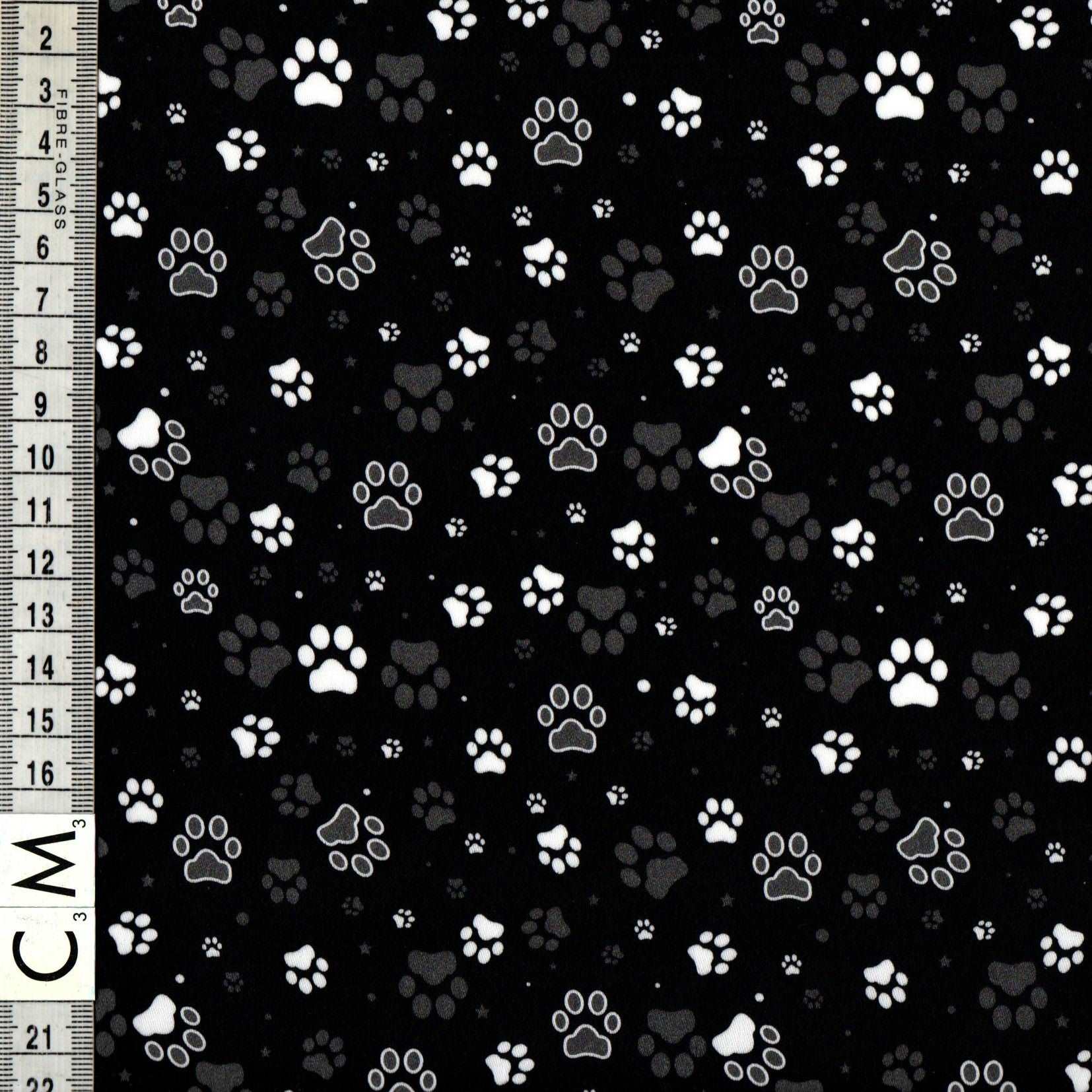 Quirky Cottons Paw Prints Dog Animal Black (QC Classic Paws- 1 METRE PIECE)