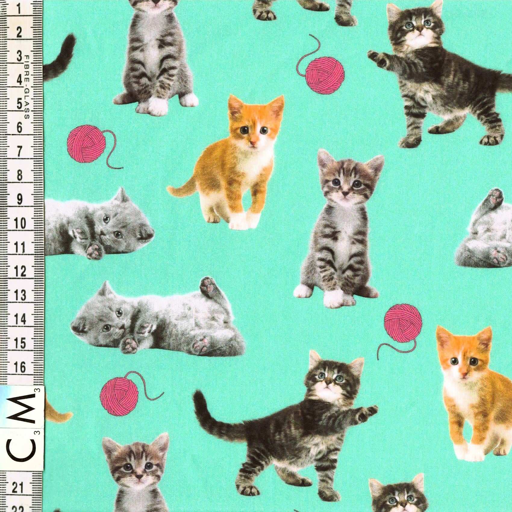Quirky Cottons Playful Kittens With Wool Feline Cat Pet Green (QC Kittens- 1 METRE PIECE)
