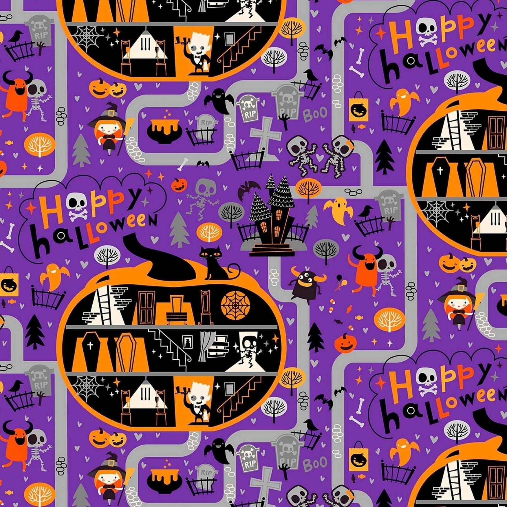 Patrick Lose Halloween Town Ghosts Pumpkins Skeletons Purple Remnant (33cm x 110cm PL Ghoultide Greetings 1)