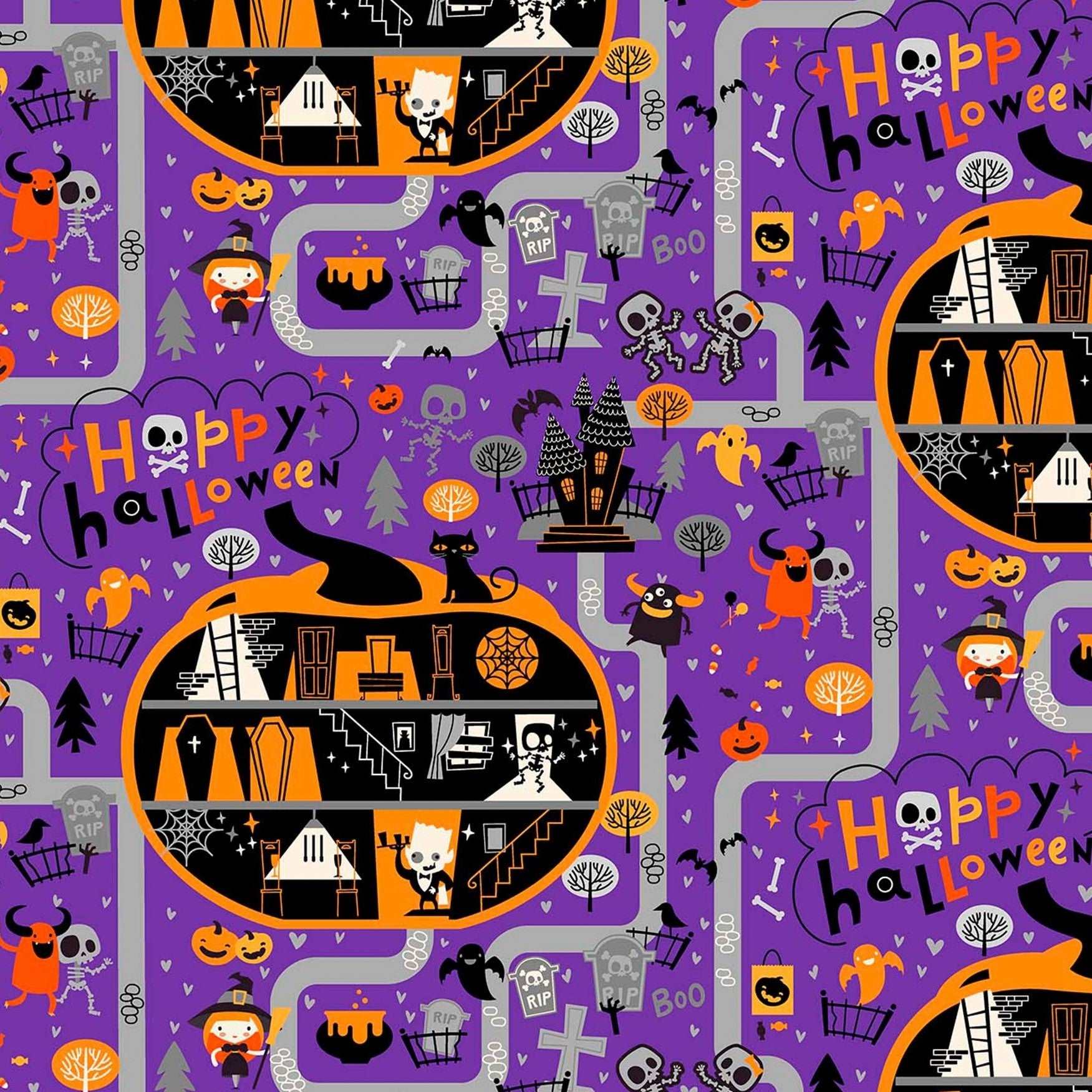 Patrick Lose Halloween Town Ghosts Pumpkins Skeletons Purple Remnant (29cm x 110cm PL Ghoultide Greetings 1)