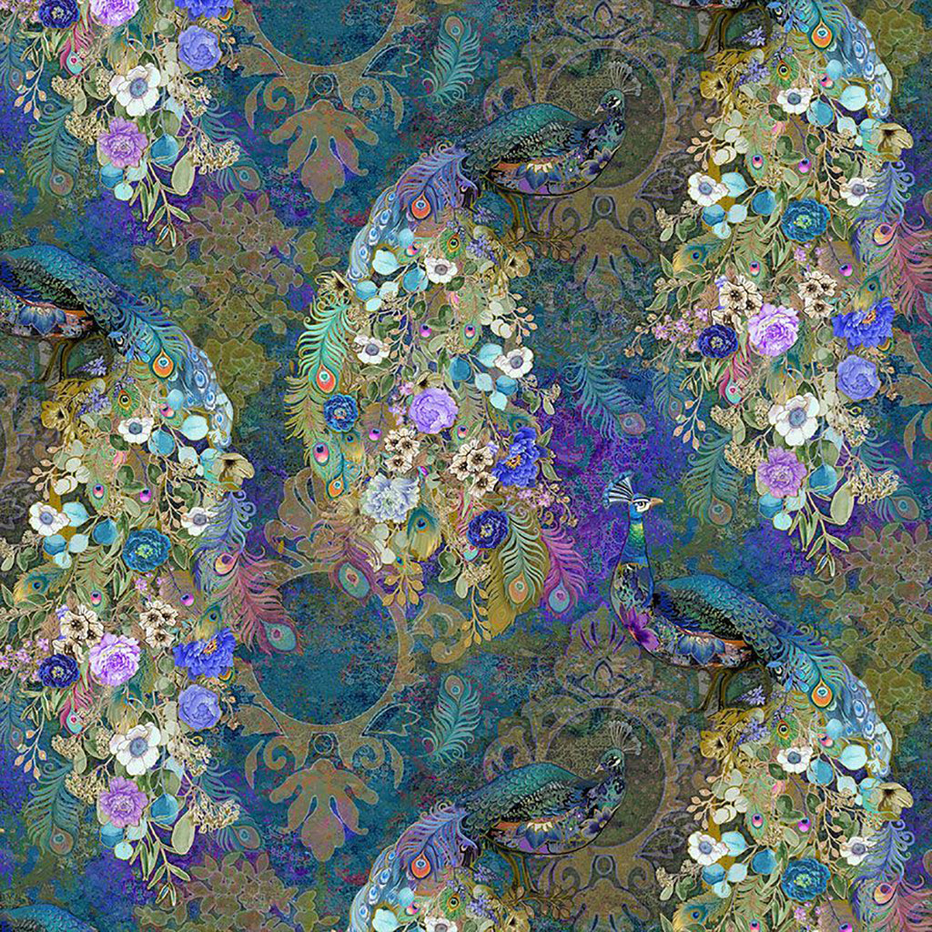 Timeless Treasures Elegant Peacock Bird Floral Elegant Teal Remnant (49cm x 112cm TT Flourish 3)