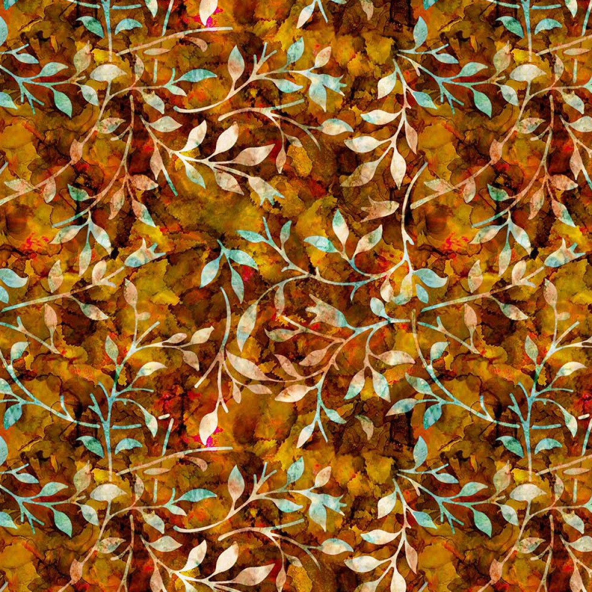 Crafty By Chatham Glyn CC308 BATIK TRAIL 08 100% Cotton Digital Extra Wide Fabric – Autumn Leaf Vine Batik Craft Fabric in Warm Earth Tones (CC Batik Trail 8)