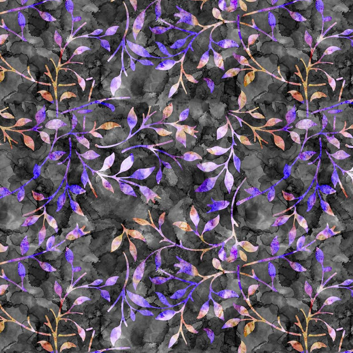 Crafty By Chatham Glyn CC305 BATIK TRAIL 05 100% Cotton Digital Extra Wide Fabric – Purple Leaf Vine Batik Craft Cotton on Charcoal Background (CC Batik Trail 5)