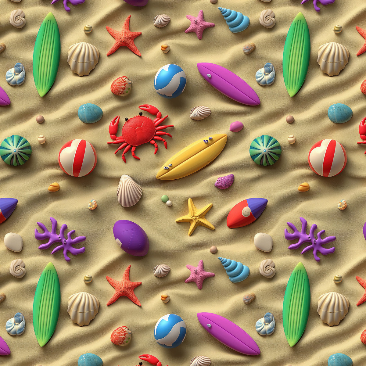Crafty By Chatham Glyn CC523 3D ON THE BEACH 100% Cotton Digital Extra Wide Fabric – Coastal Novelty Cotton with Surfboards, Shells & Beach Motifs Craft Fabric (CC 3D On The Beach)
