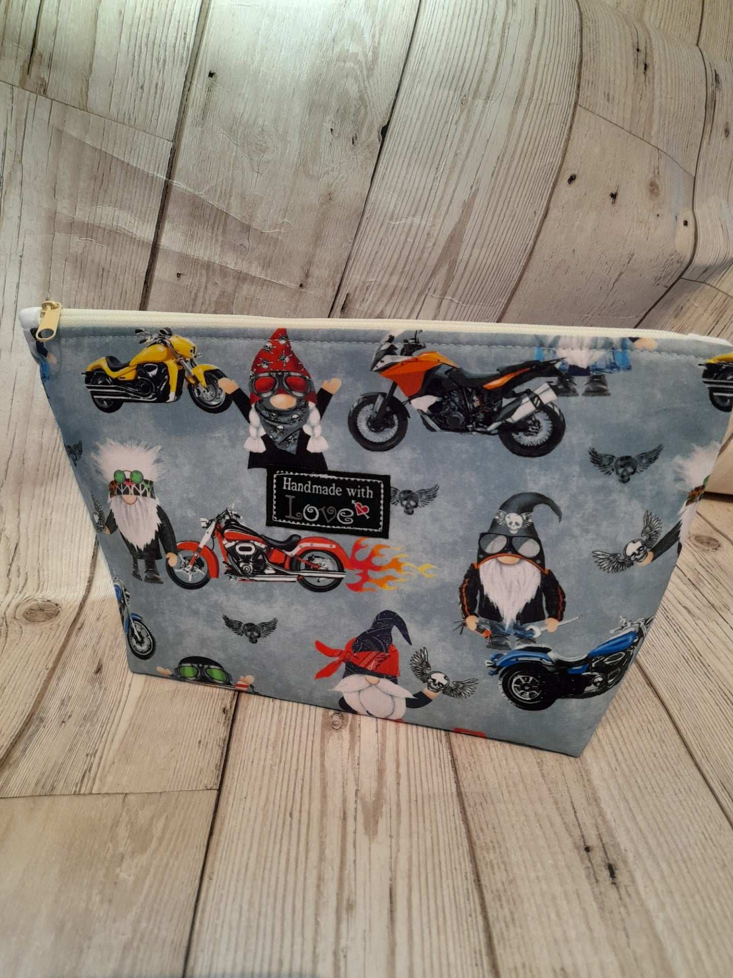 Timeless Treasures 100% Cotton Fabric Biker Gnomes Motorbike Grey (TT Bad To The Gnome 1)