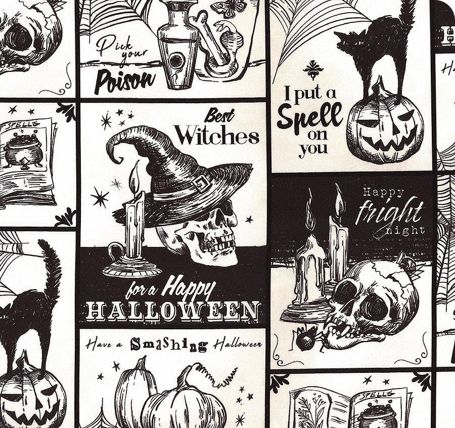 Timeless Treasures Halloween Wicked Time Newspaper Spooky Cat Spider Black White (TT Pick Your Poison 3)