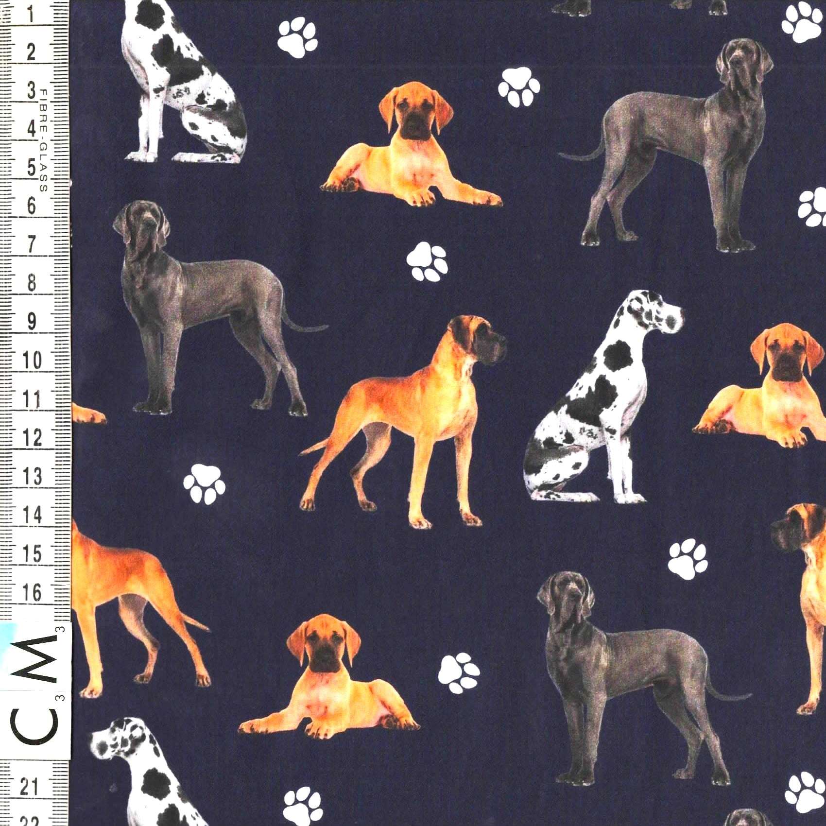 Quirky Cottons Large Working Dog Pet Animal Breed Paw Prints Navy (QC Great Dane-1 METRE PIECE)