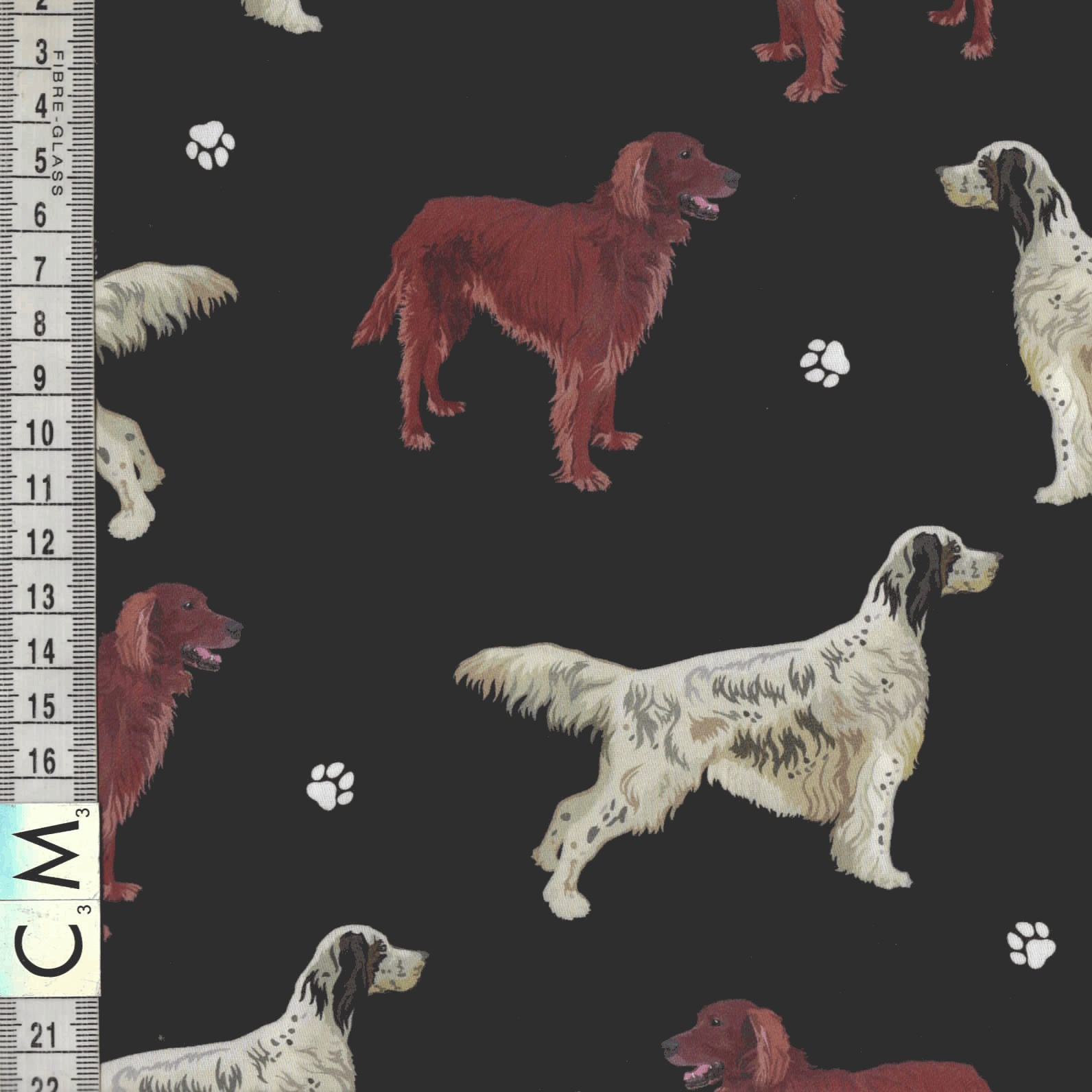 Quirky Cottons Medium Gun Dog Long Haired Setter Breed Paw Prints Black (QC English Setter- 1 METRE PIECE)